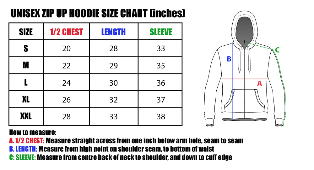 Zip Up Mens Size Chart Hoodie CLASSIC ZIP-UP Hoodie Unisex #IVEGOTYOURBACK911